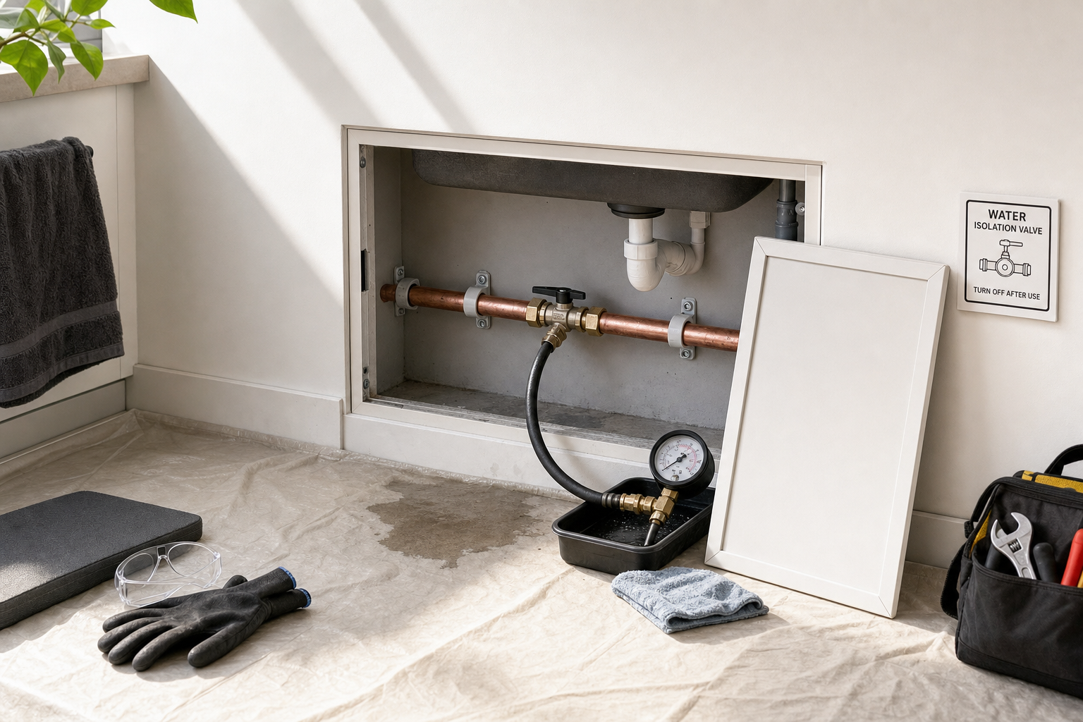 Exposed plumbing pipes with a pressure gauge and tools set up for maintenance in a clean, organised space.