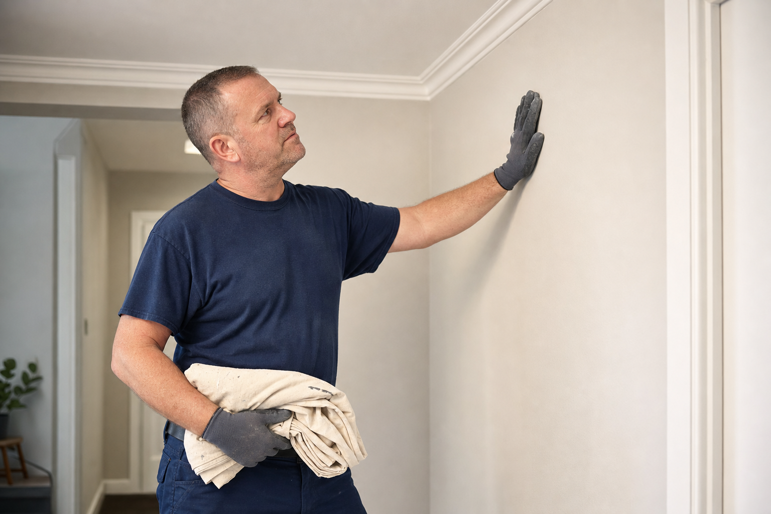 A man wearing gloves examines a smooth wall while holding a cloth in a well-lit room.