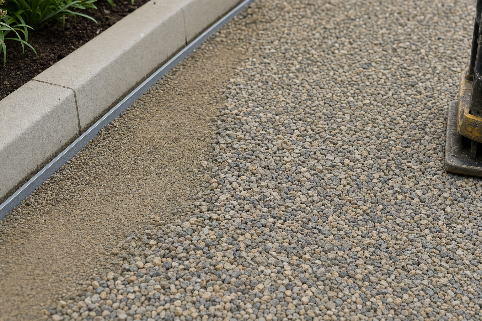 Freshly laid gravel path beside a concrete kerb with a compactor visible in the corner.