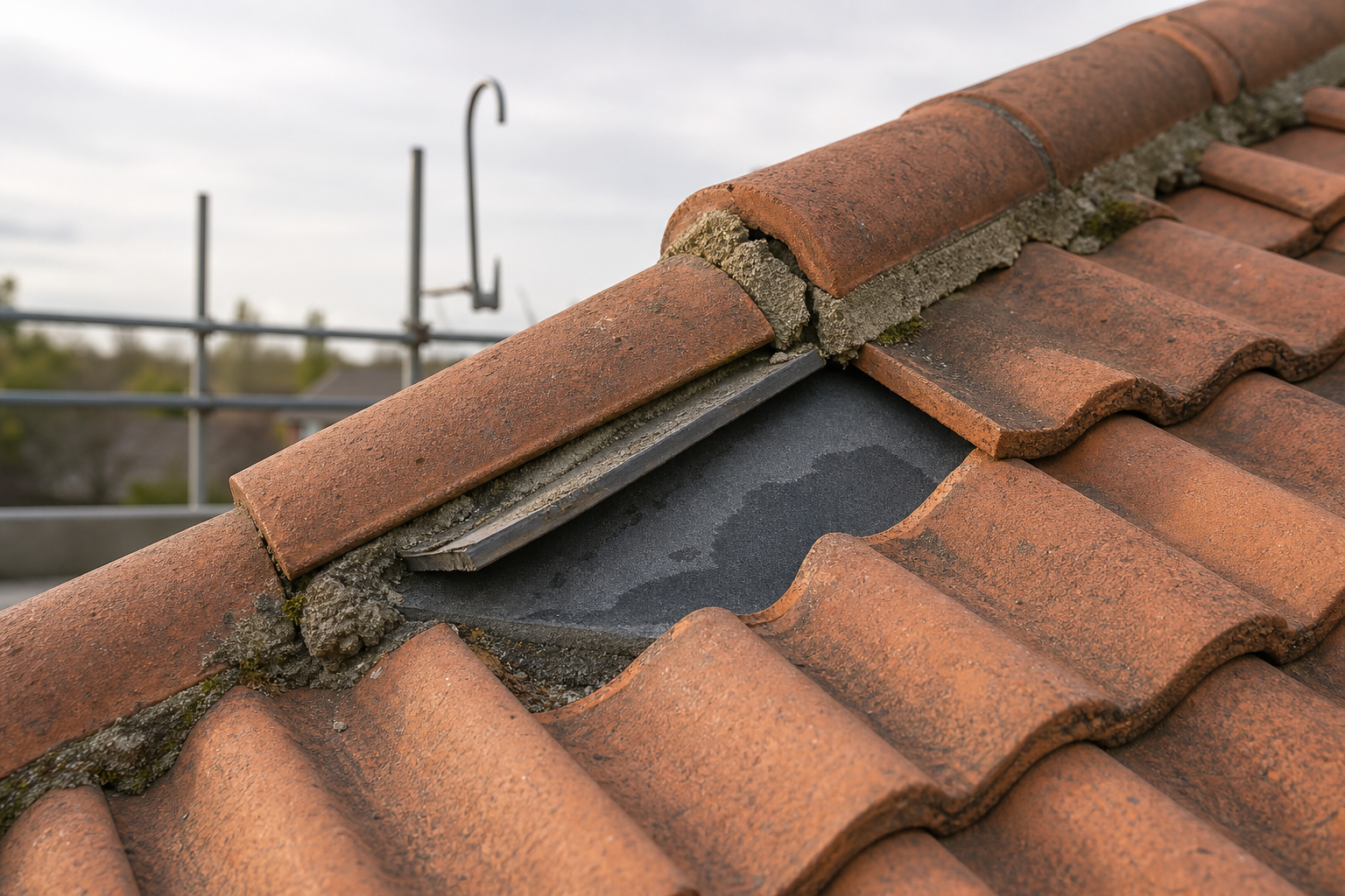 Cracked terracotta roof tiles with visible damage and missing pieces, with scaffolding in the background.