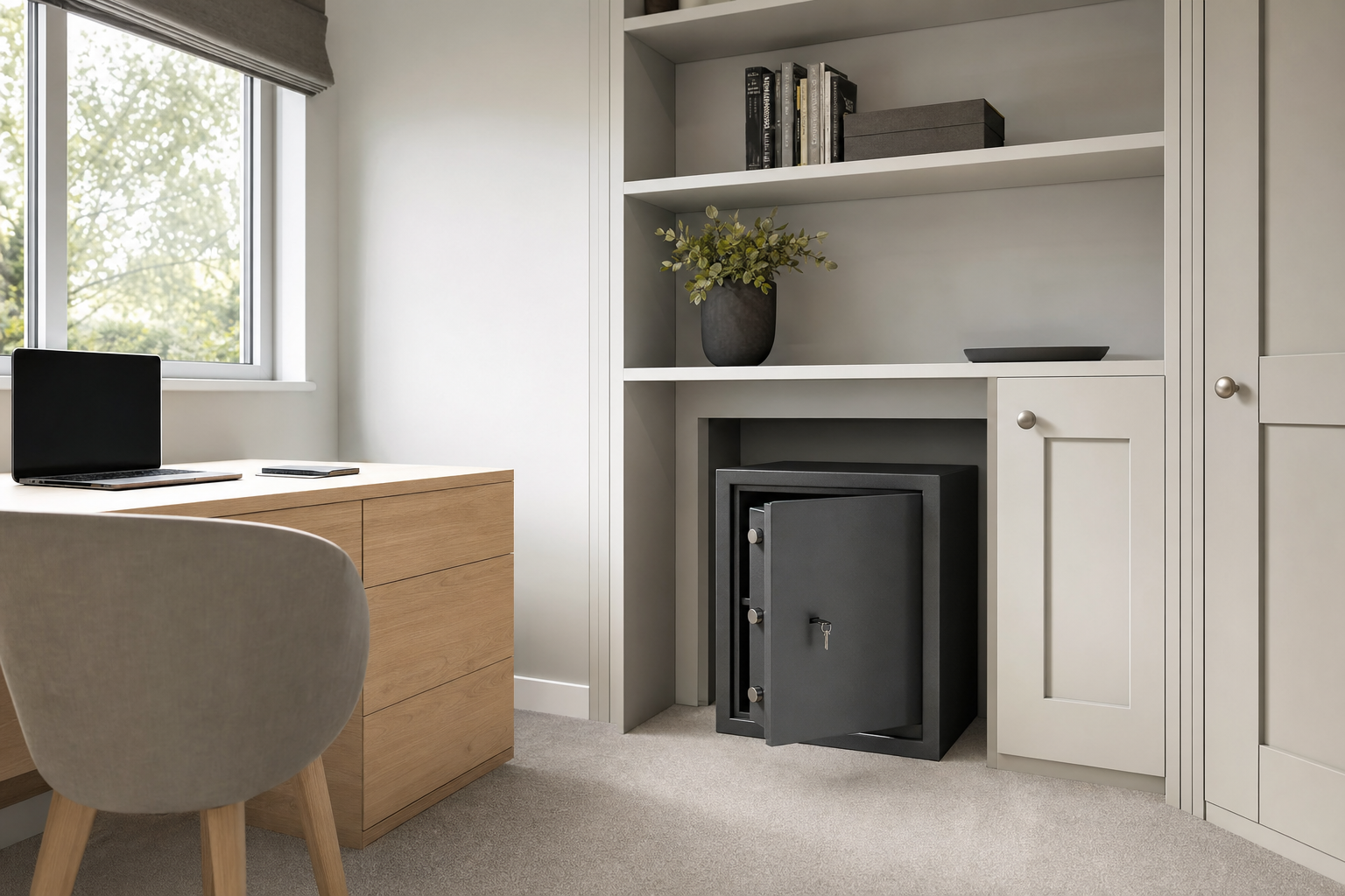 Home office with an open safe, wooden desk, laptop, and shelf with books and a plant.
