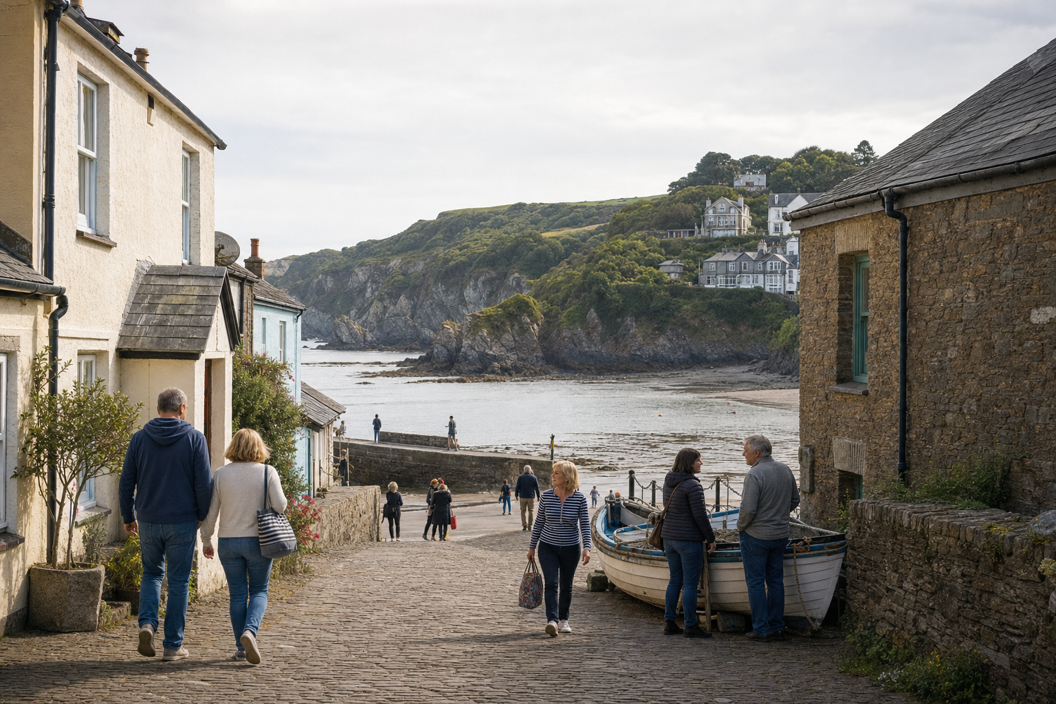 People walking down a cobbled street towards the seaside in a quaint coastal village.