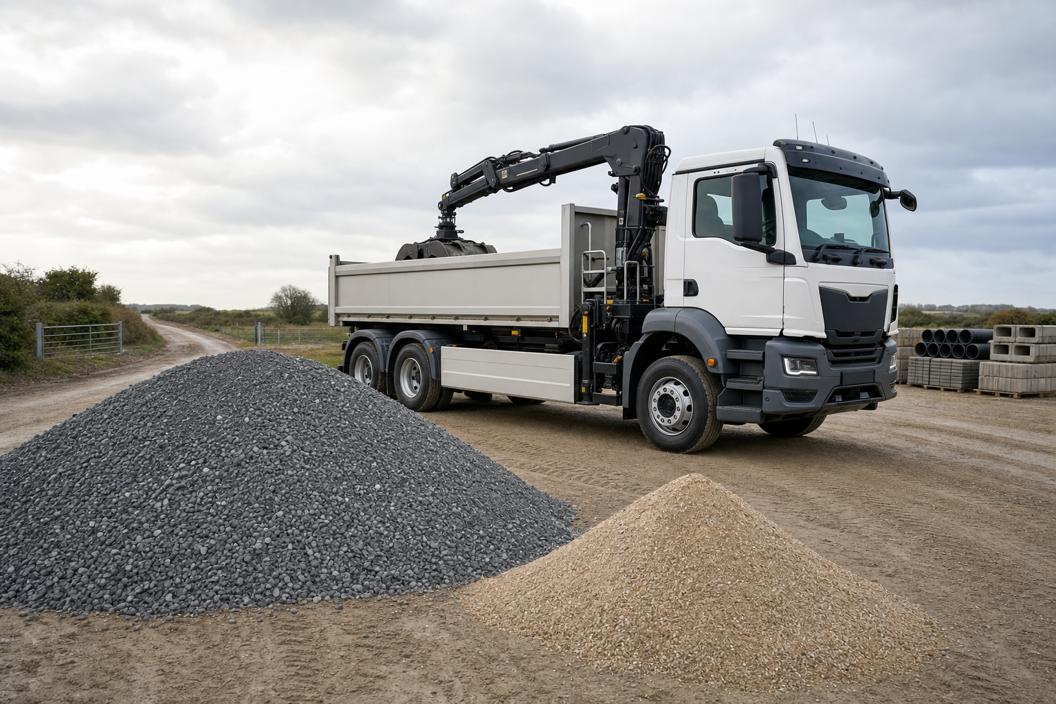 A lorry with a crane stands next to piles of gravel and sand on a dirt road.