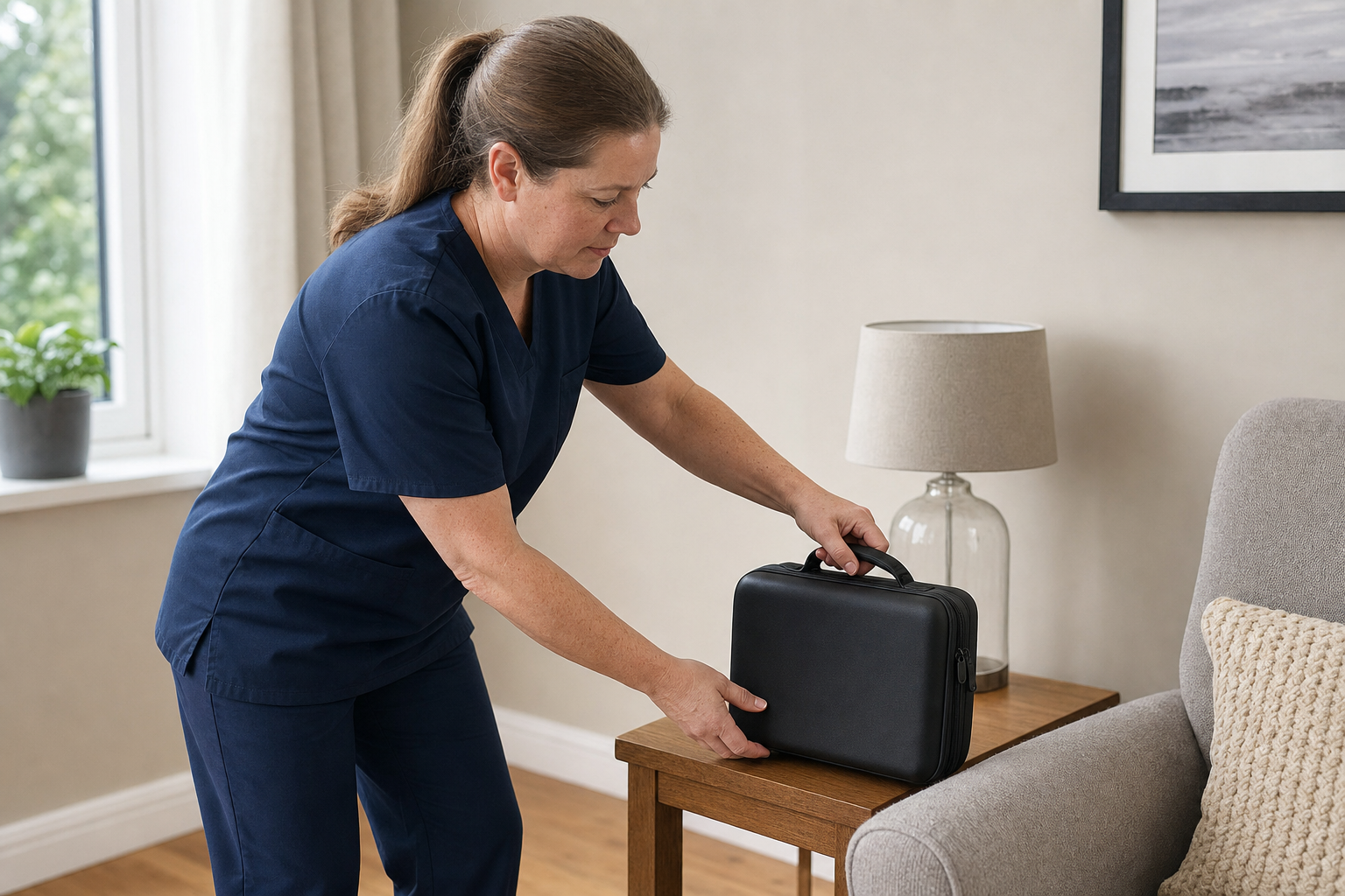 A healthcare worker in navy scrubs places a black case on a wooden side table in a cosy living room.