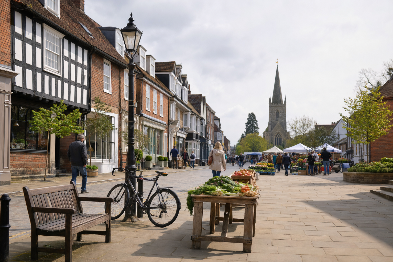 A quaint village street with a church, market stalls, and a bicycle near a bench under a clear sky.