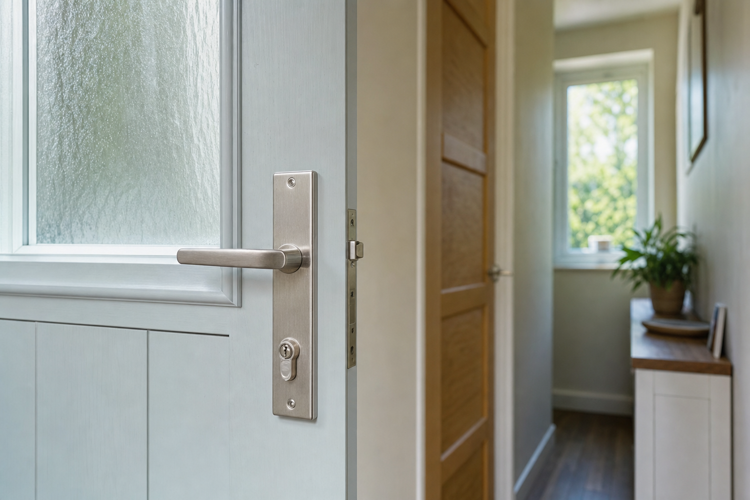 An open door with a silver handle reveals a hallway featuring a wooden door, a potted plant, and a bright window.