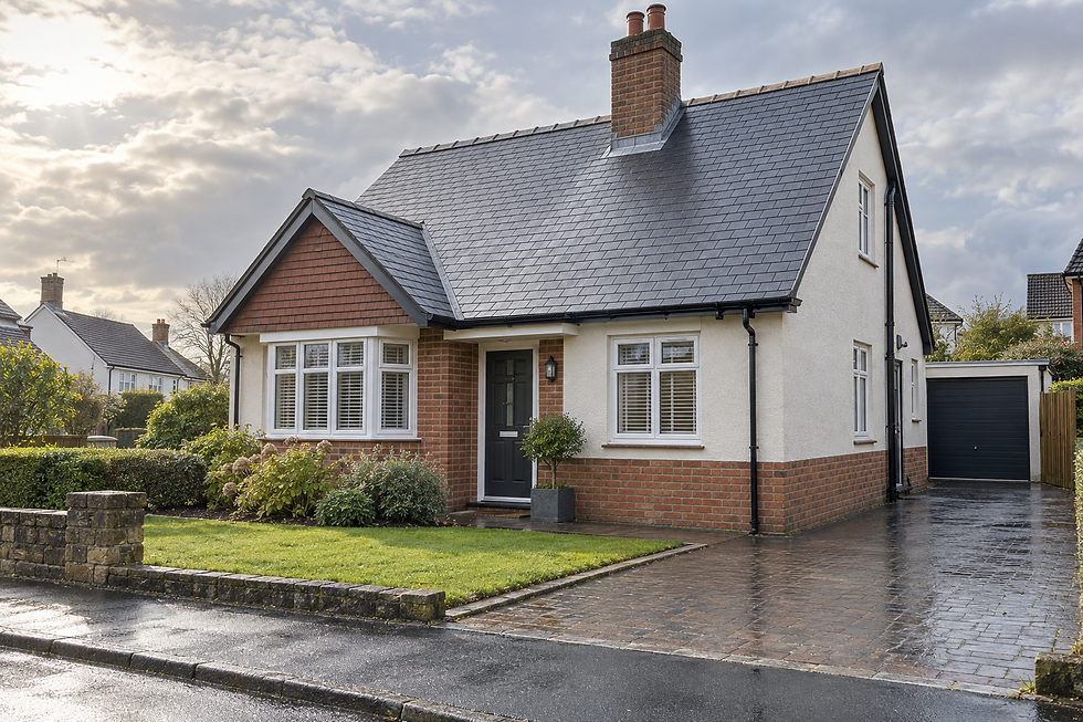 A charming detached house with a red brick and white exterior, featuring a slate roof and a small front garden.
