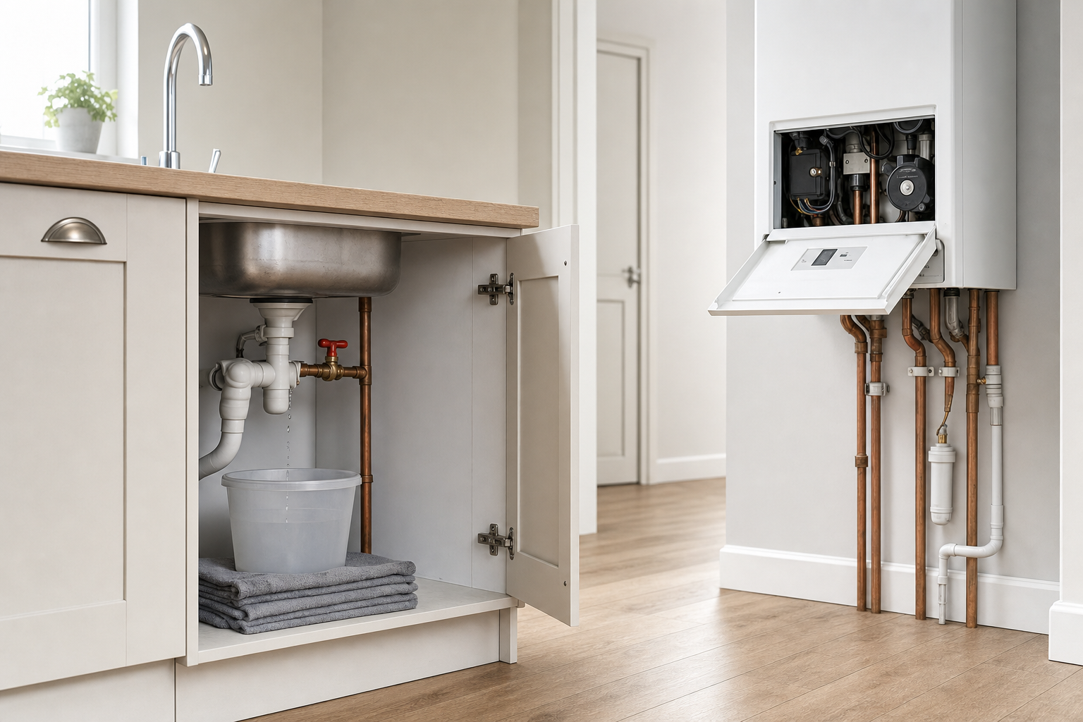 A leaking pipe under a kitchen sink with a bucket catching drips, next to an open boiler panel showing internal components.