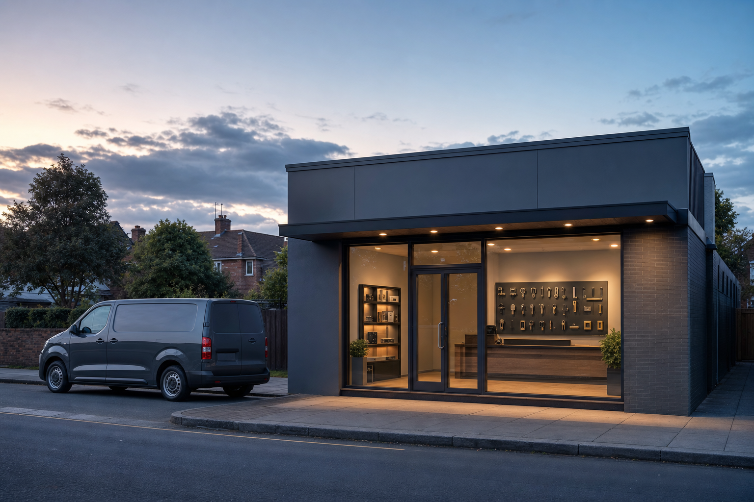 Modern grey building with a glass entrance and parked grey van at dusk, displaying various tools inside.