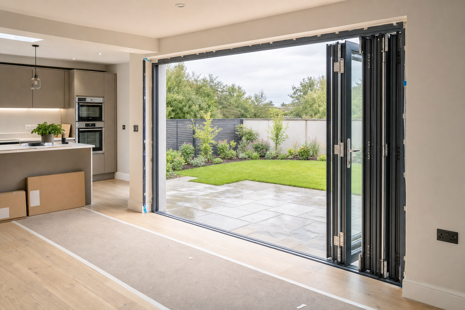 Open bi-fold doors connect a modern kitchen to a landscaped garden with a spacious patio area.