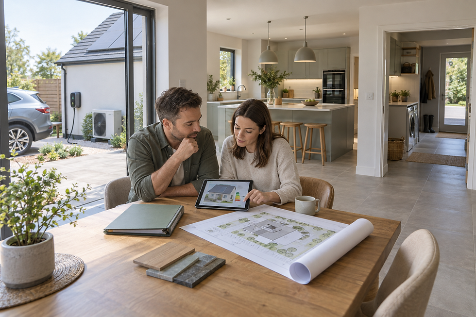 A couple reviews house plans on a tablet at a wooden dining table in a modern kitchen with large windows.