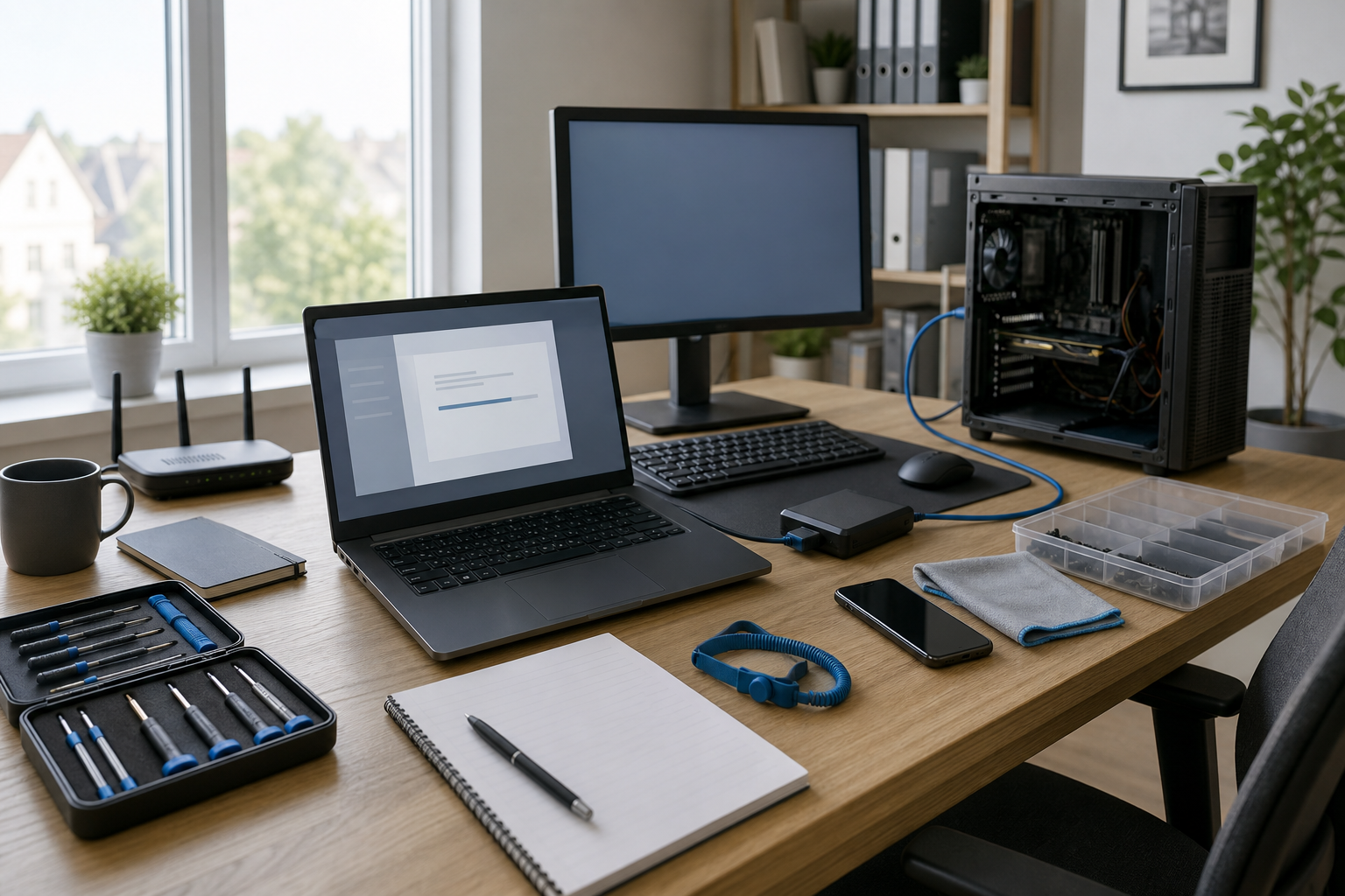 Tech workspace with open computer tower, laptop, tools, and peripherals on a wooden desk.