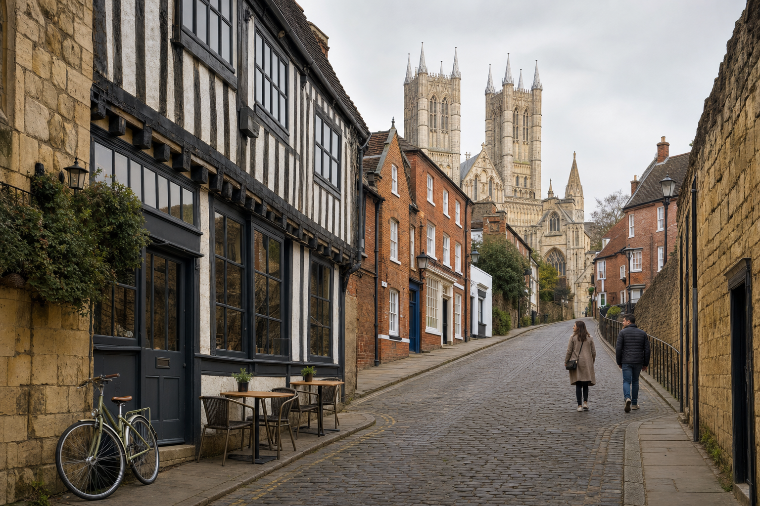 A cobblestone street in an English town with historic buildings and a cathedral in the background.