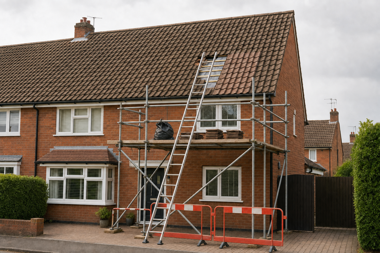 Scaffolding and a ladder are set up against a brick house for roof repairs.