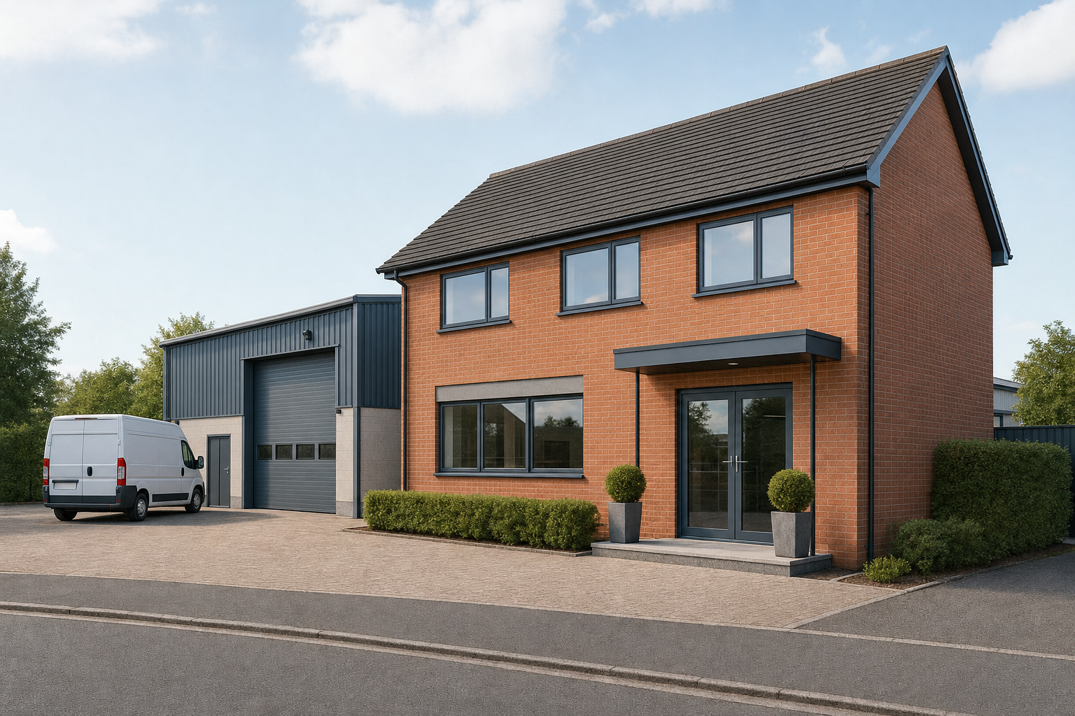 Modern brick office building with adjacent warehouse and parked white van on a sunny day.