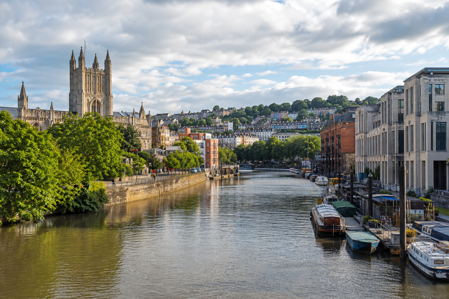 Riverside scene with a historic church, colorful buildings, and moored boats under a partly cloudy sky.