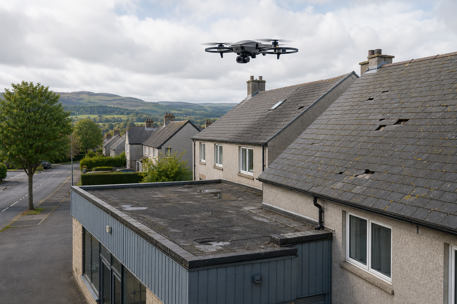 Drone hovering above grey-roofed houses with countryside hills in the background.