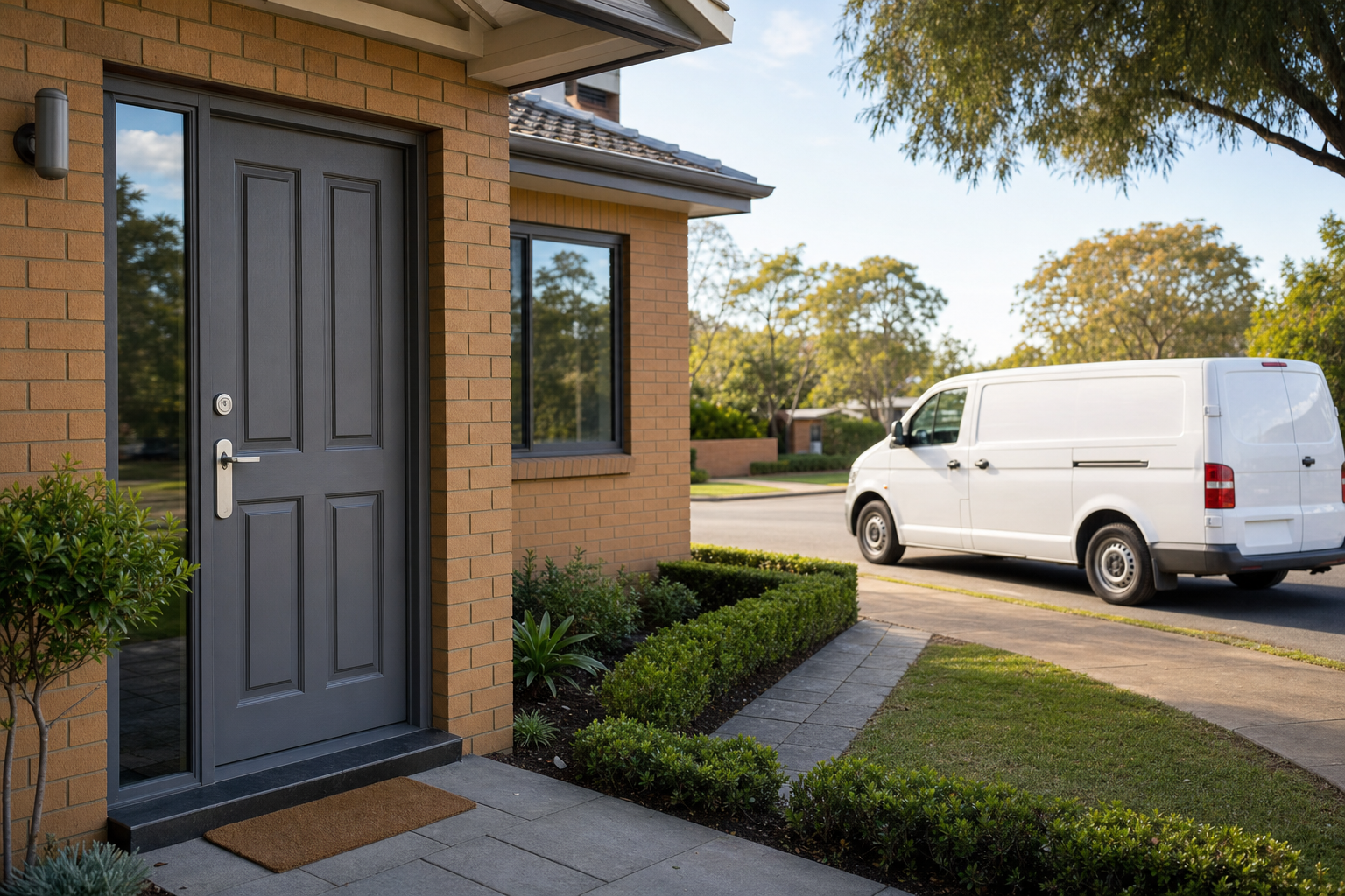 A grey front door of a brick house with a white van parked on the street in a suburban neighbourhood.