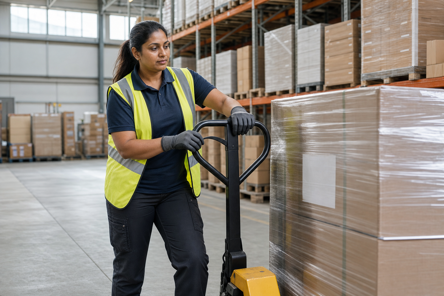 A woman in a warehouse uses a pallet jack to move wrapped cardboard boxes.