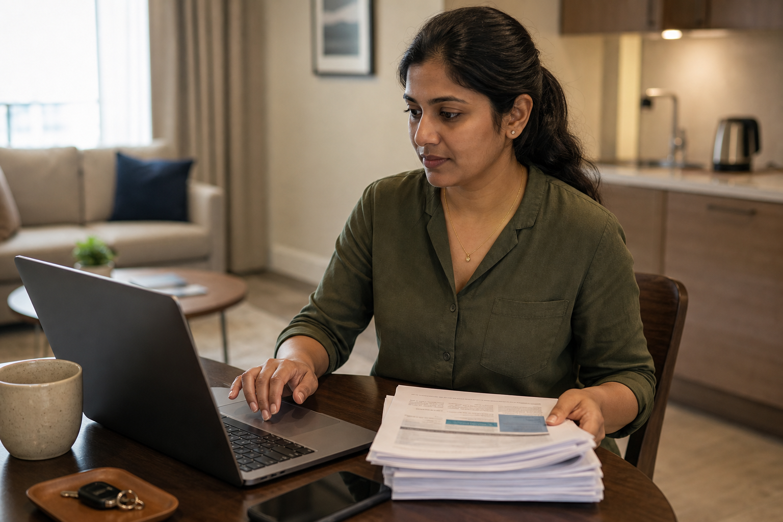 A woman in a green shirt works on a laptop at a table, holding papers, in a modern living area.
