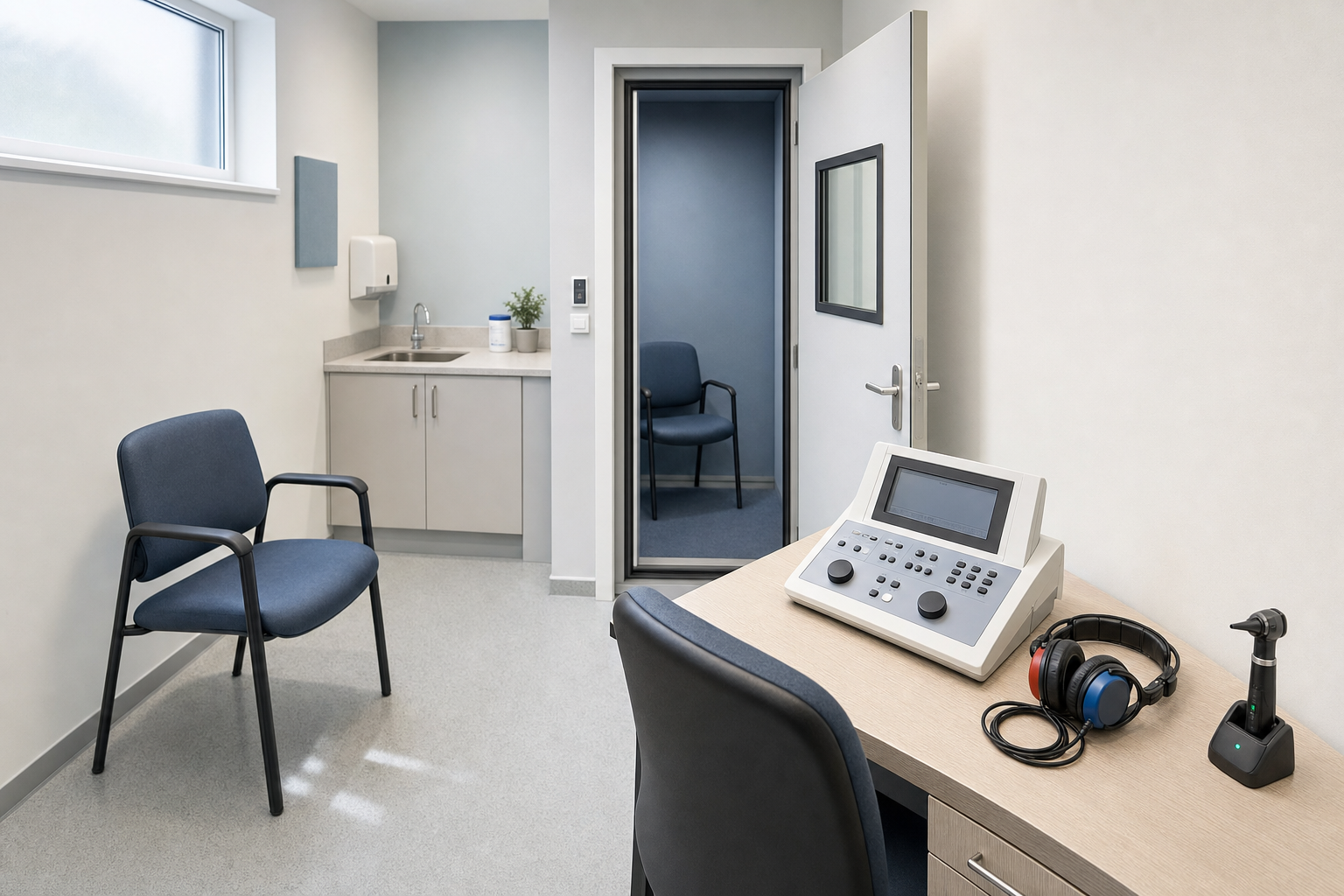 A modern audiology exam room with a hearing test machine, headphones, and chairs in a clean, clinical setting.