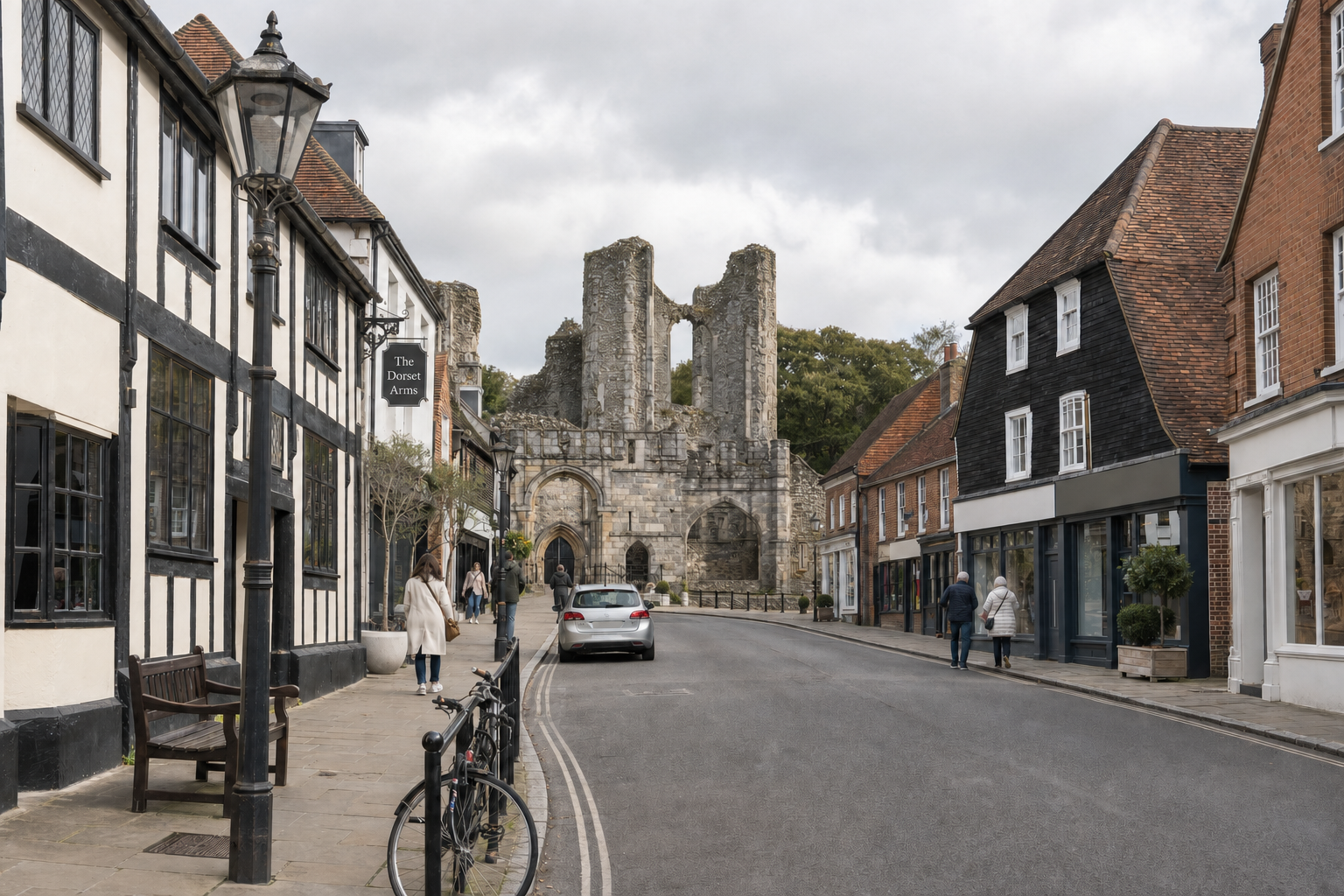 Historic street with medieval abbey ruins at the end, flanked by charming half-timbered buildings.