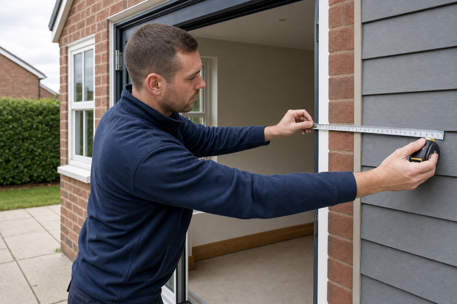 Man uses a tape measure on exterior building cladding next to a window.