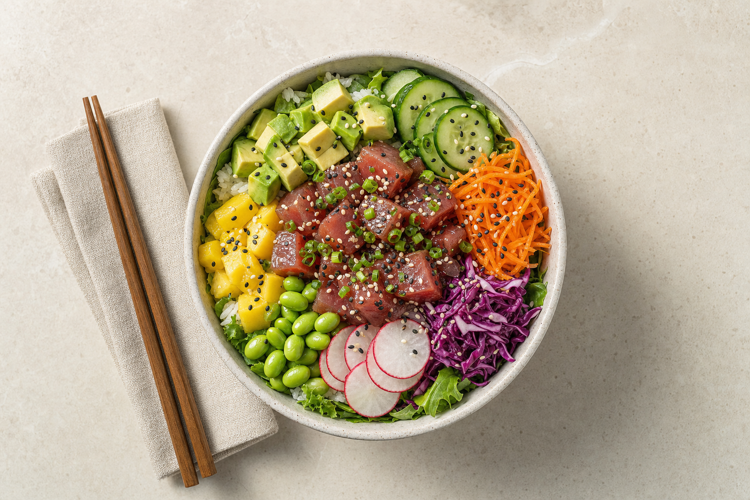 A vibrant poke bowl featuring tuna, avocado, mango, radish, cucumber, edamame, carrot, and cabbage, garnished with sesame seeds.