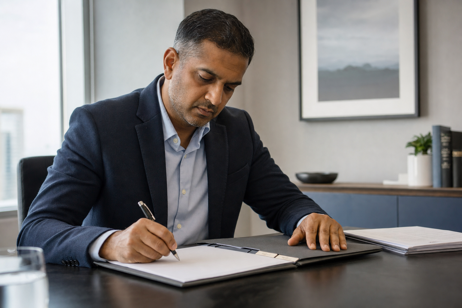 Man in a suit sitting at a desk writing in a notebook with a pen.