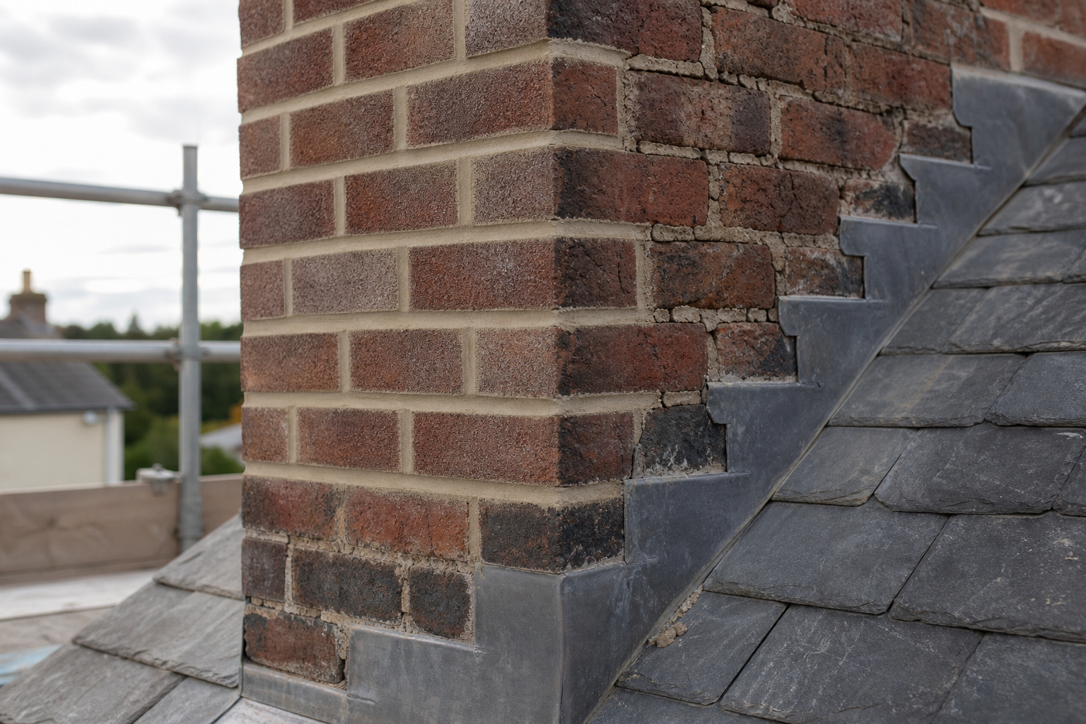Close-up of a brick chimney with visible wear on a slate-tiled roof under scaffold.