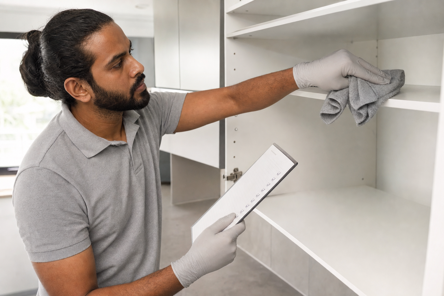 Man cleaning a cupboard shelf while holding a checklist, wearing grey gloves and a polo shirt.
