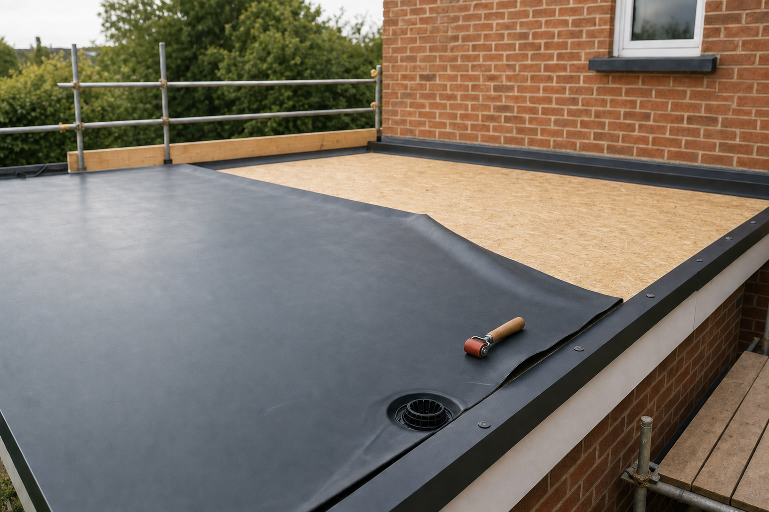 A flat roof under construction with partially installed rubber roofing material and a roller.