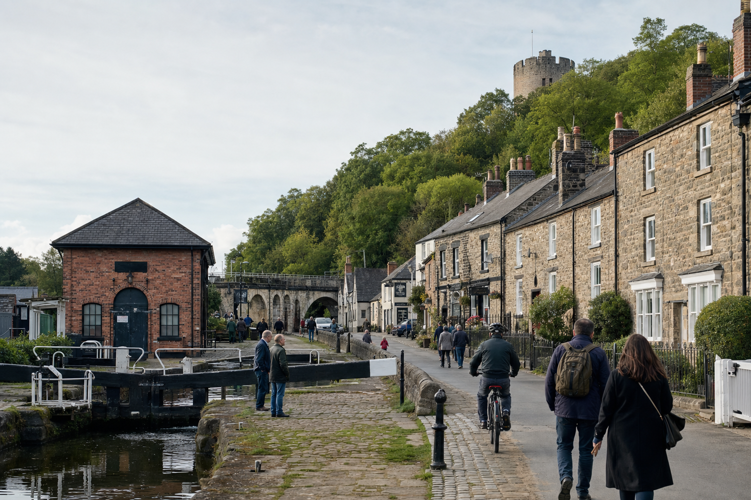 People walk and cycle along a canal with stone houses and a castle on a hill in the background.