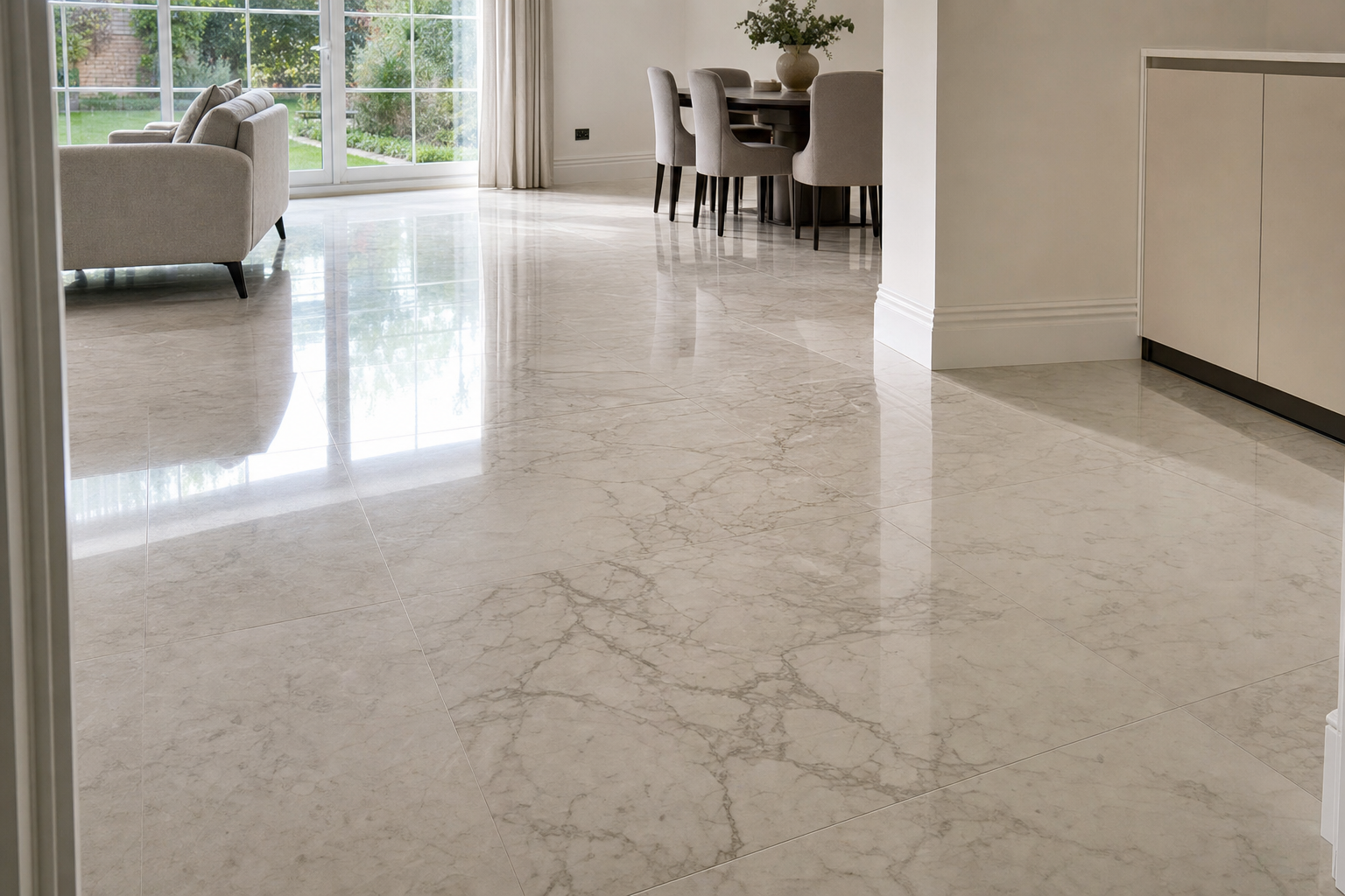Spacious living area with polished marble flooring, neutral decor, and large windows overlooking a garden.