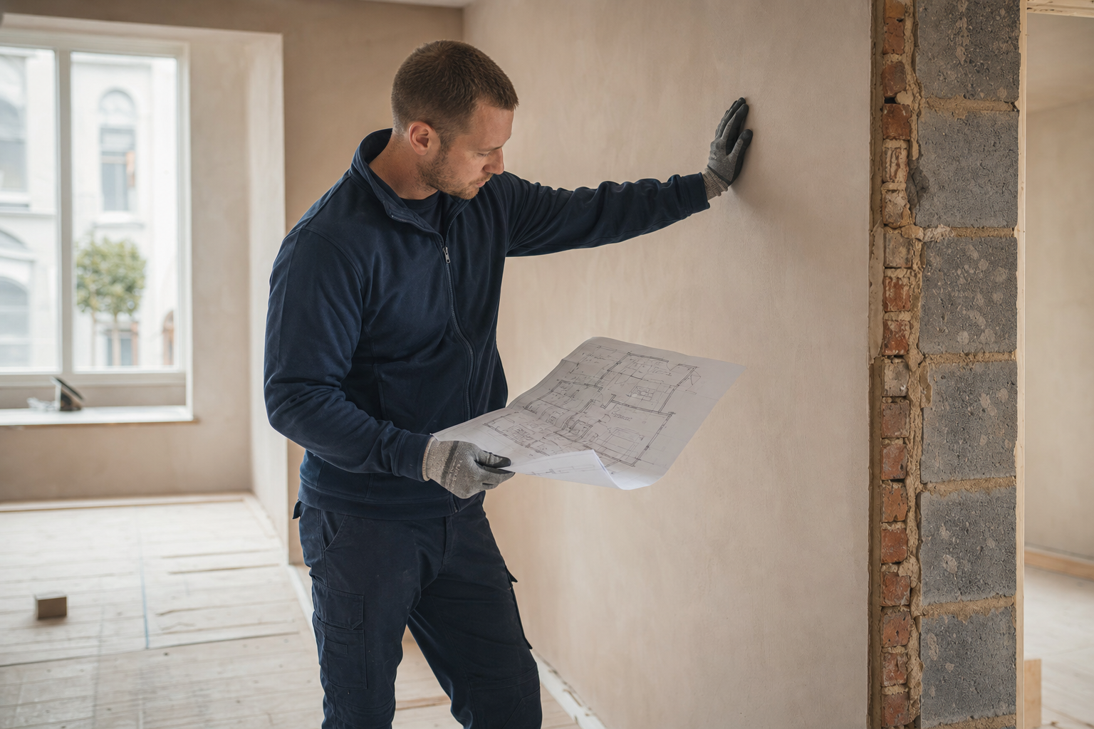 A man in work attire examines architectural plans while inspecting a plastered wall in a partially renovated room.