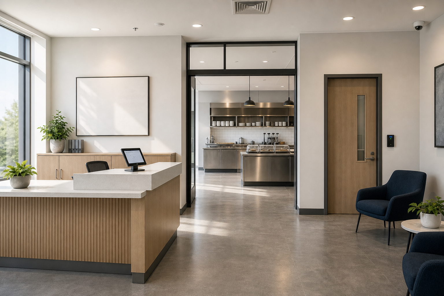 Modern reception area with a wooden desk, chairs, large windows, and a view into a sleek kitchen space.