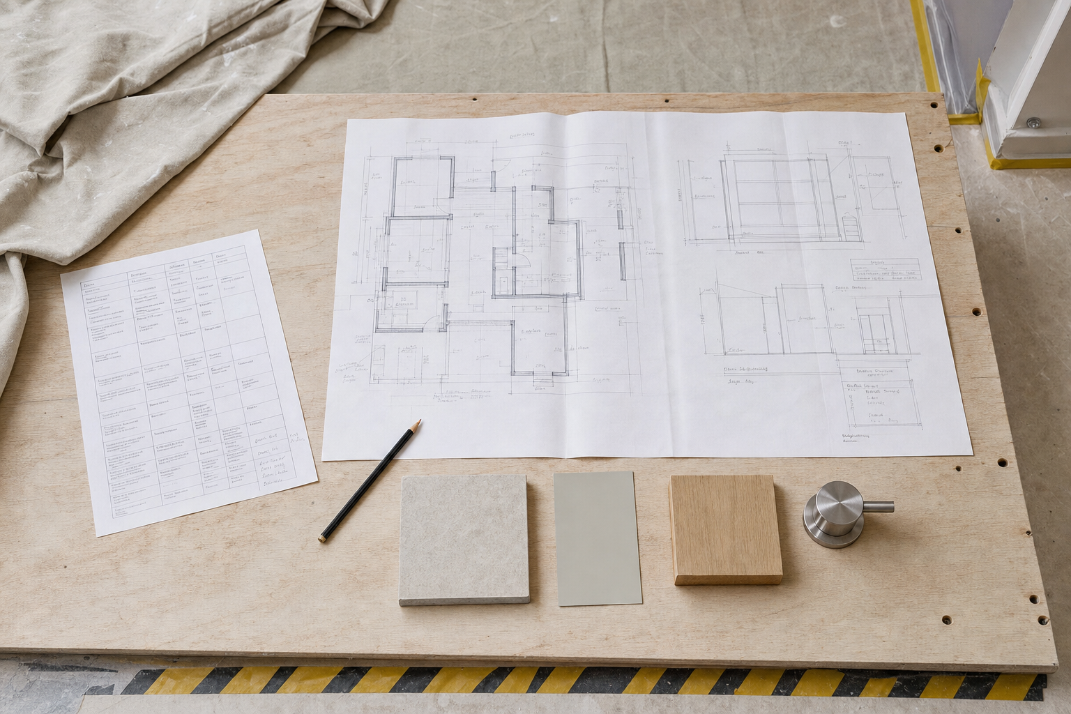 Architectural plans and material samples arranged on a table in a construction setting.