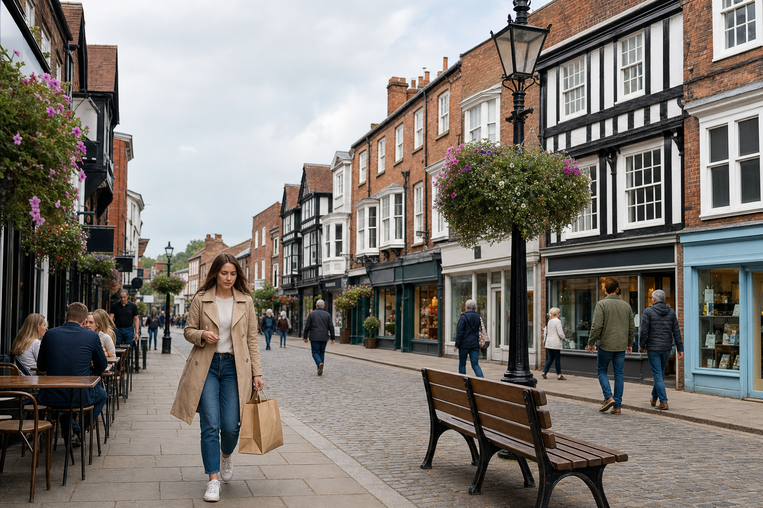 A woman carrying a shopping bag walks down a charming cobblestone street lined with boutique shops and cafes.