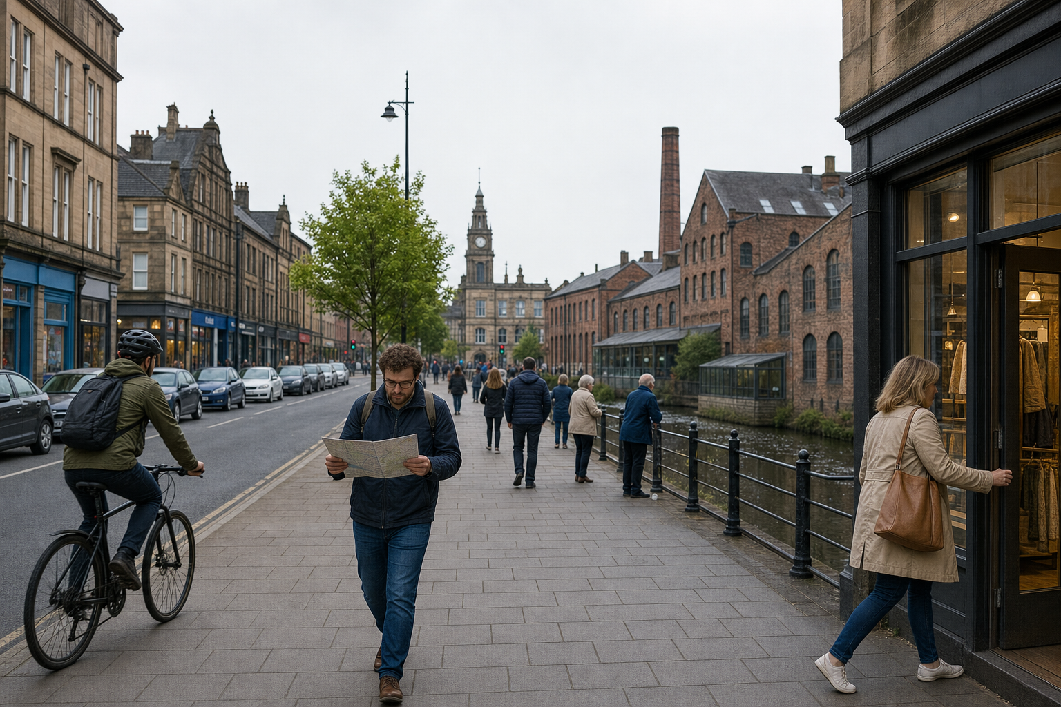 A man reads a map while walking on a bustling street near historic buildings and a cyclist passes by.