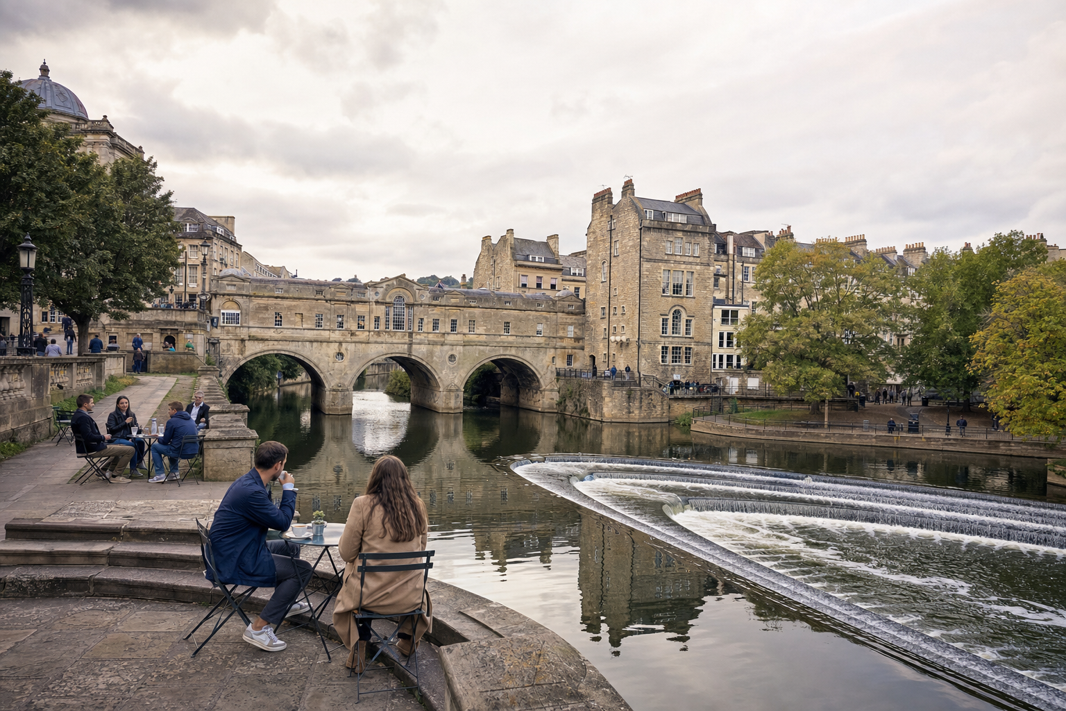People sitting by the River Avon near Pulteney Bridge in Bath with reflections in the water.