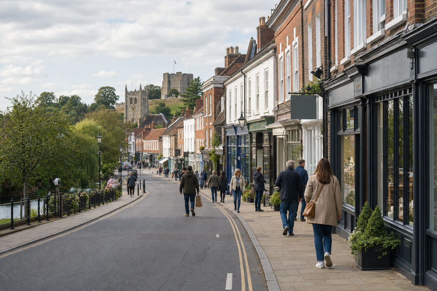 People walking along a shop-lined street with a historic castle and church in the background.