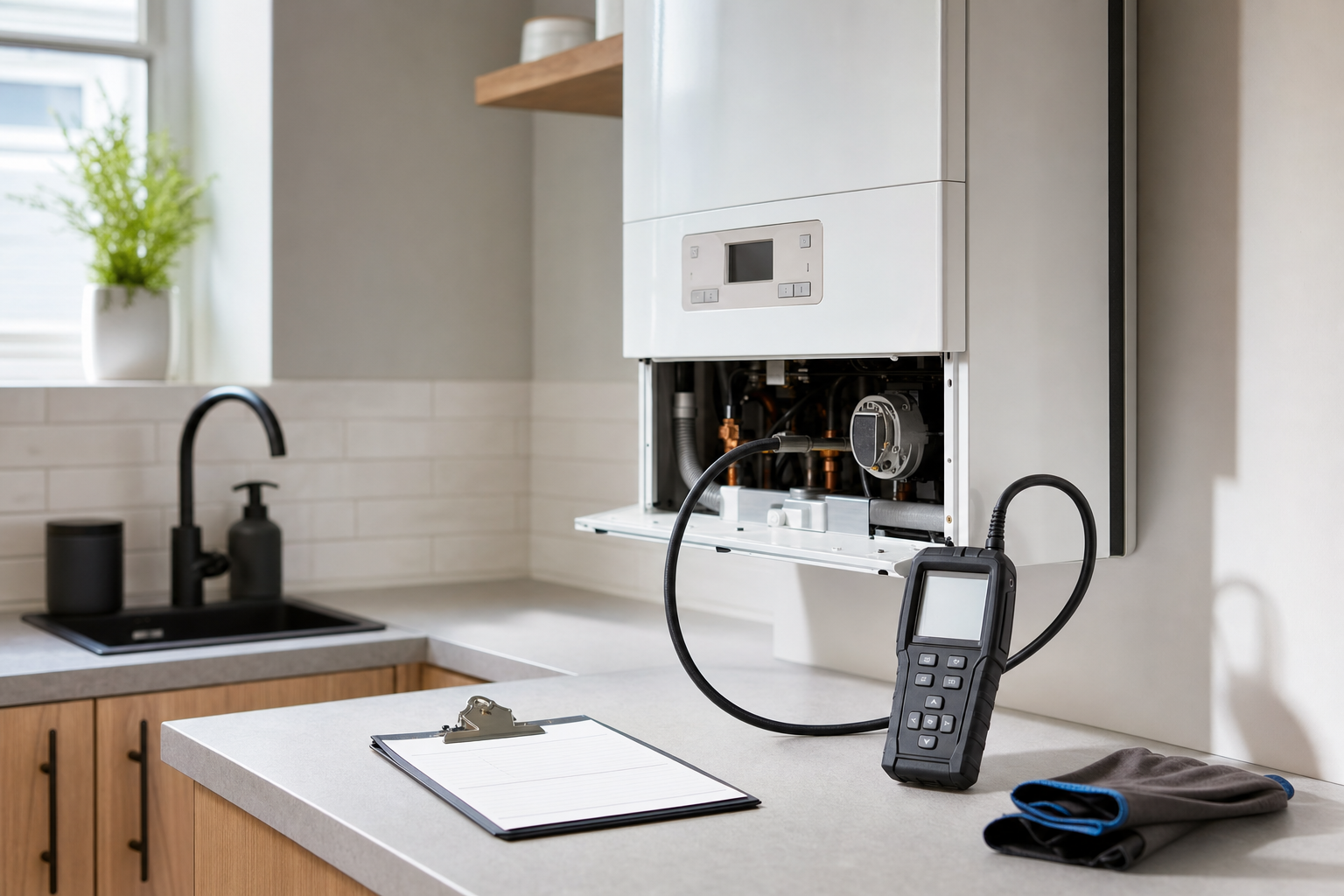 A boiler being serviced on a kitchen countertop with diagnostic tools, a clipboard, and cleaning cloths nearby.
