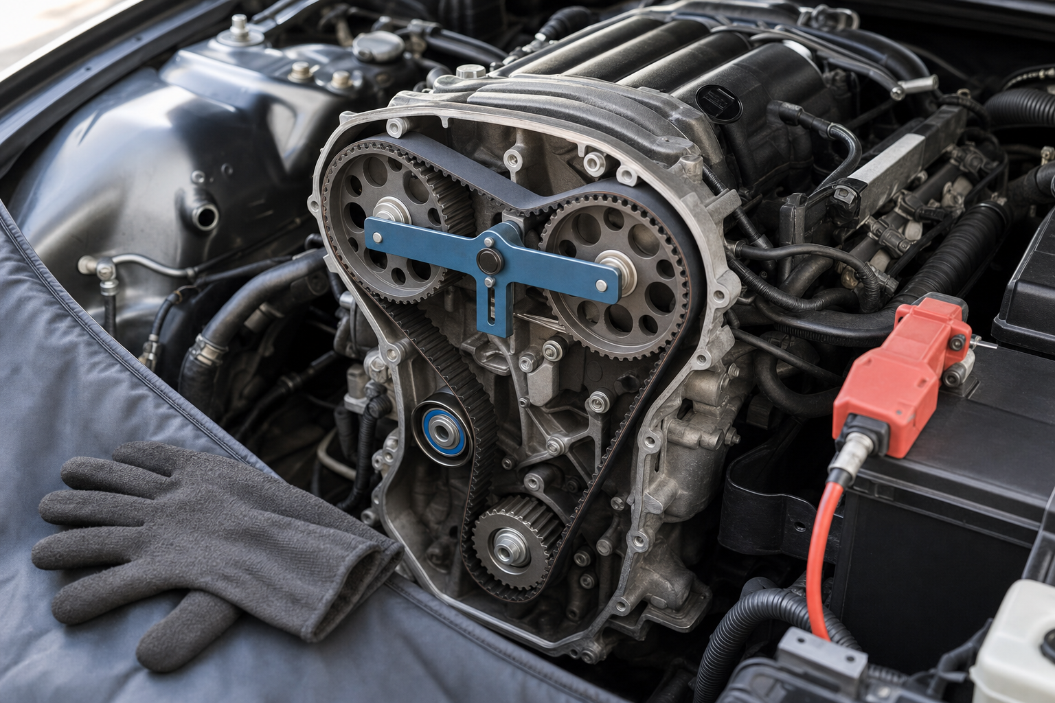 A car engine with exposed timing belt and tools under the bonnet, alongside a grey glove.