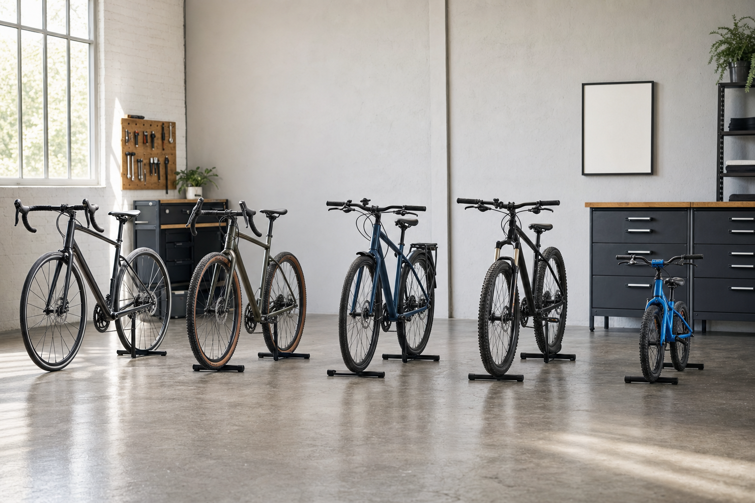 A line of five bicycles in a modern showroom with tools and cabinets in the background.
