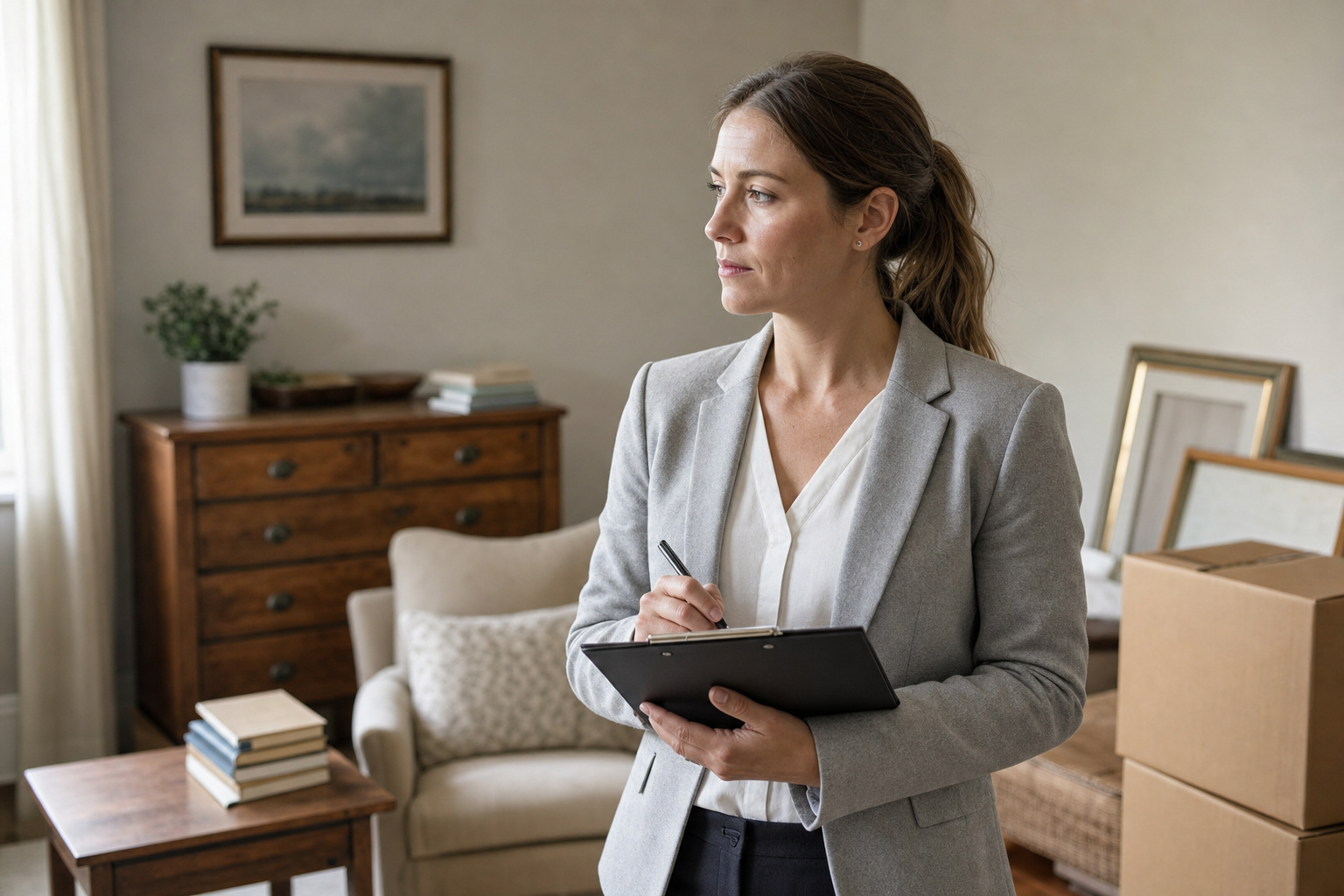 Woman in a grey blazer holding a clipboard, standing in a neatly furnished room.