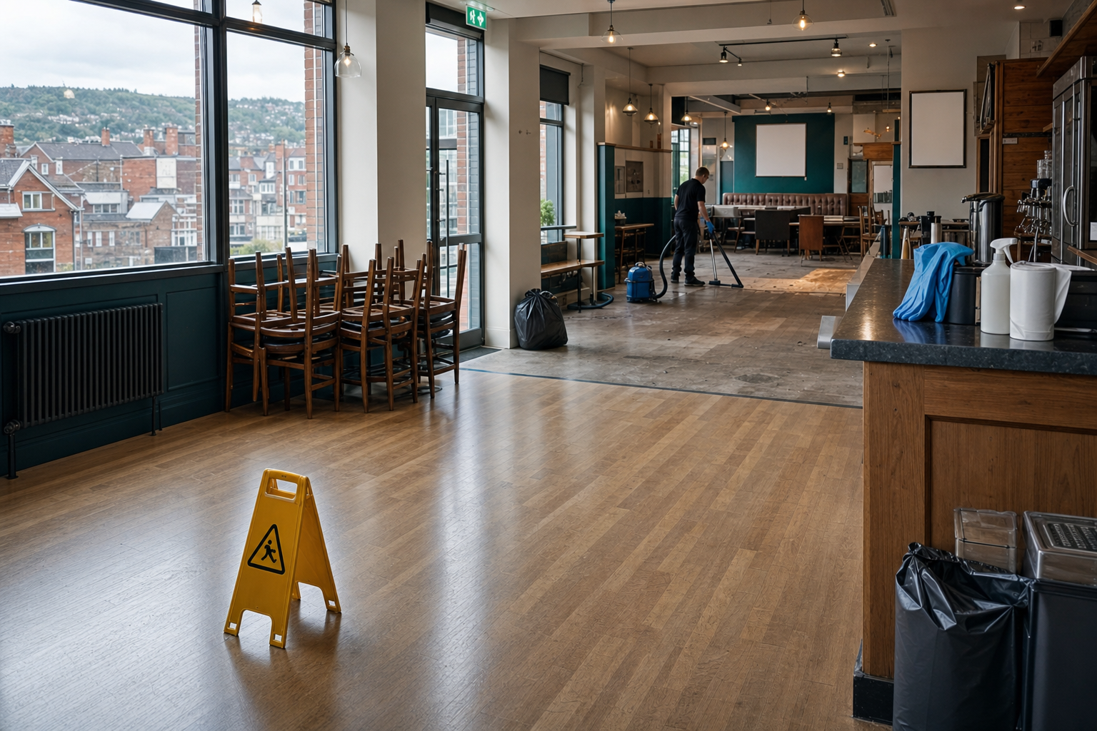 Restaurant interior with stacked chairs, a wet floor caution sign, and a person cleaning the floor with a vacuum.