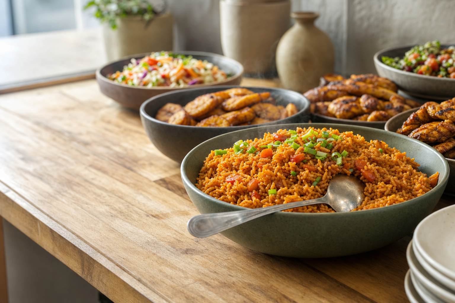 A wooden table is set with bowls of jollof rice, fried plantains, and assorted colourful salads.