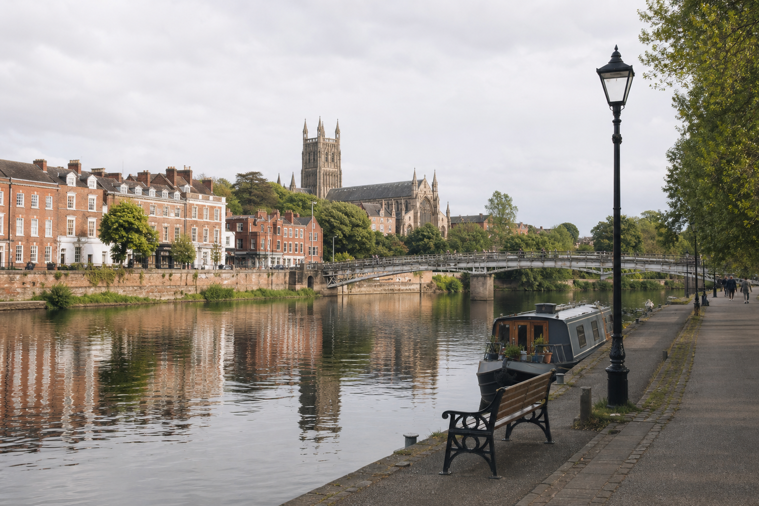 Riverside scene with a canal boat, historic buildings, a cathedral, and a pedestrian bridge under a cloudy sky.