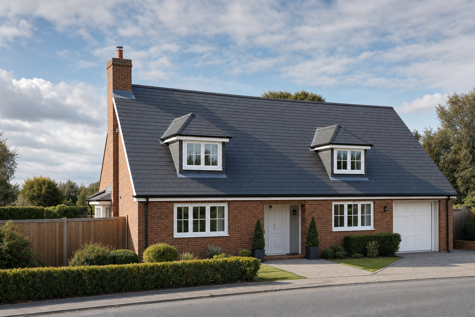 Modern two-storey brick house with dormer windows, a tiled roof, and a neatly landscaped garden under a partly cloudy sky.
