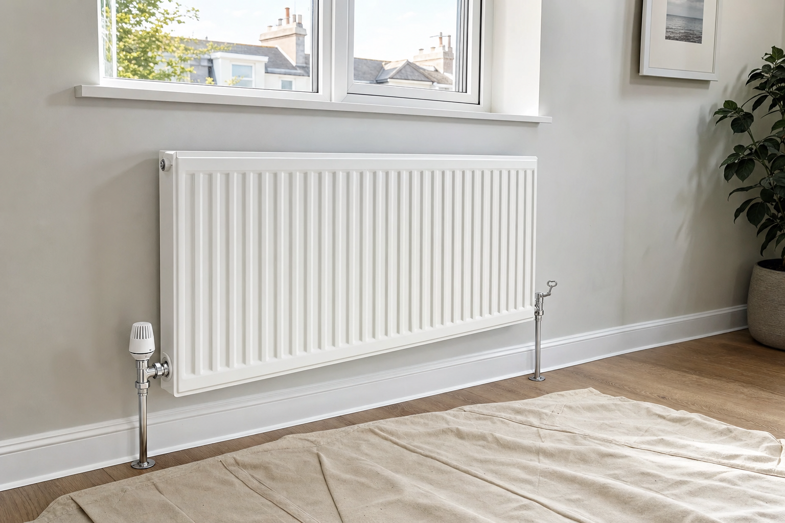 White radiator installed below a double glazed window in a modern room.